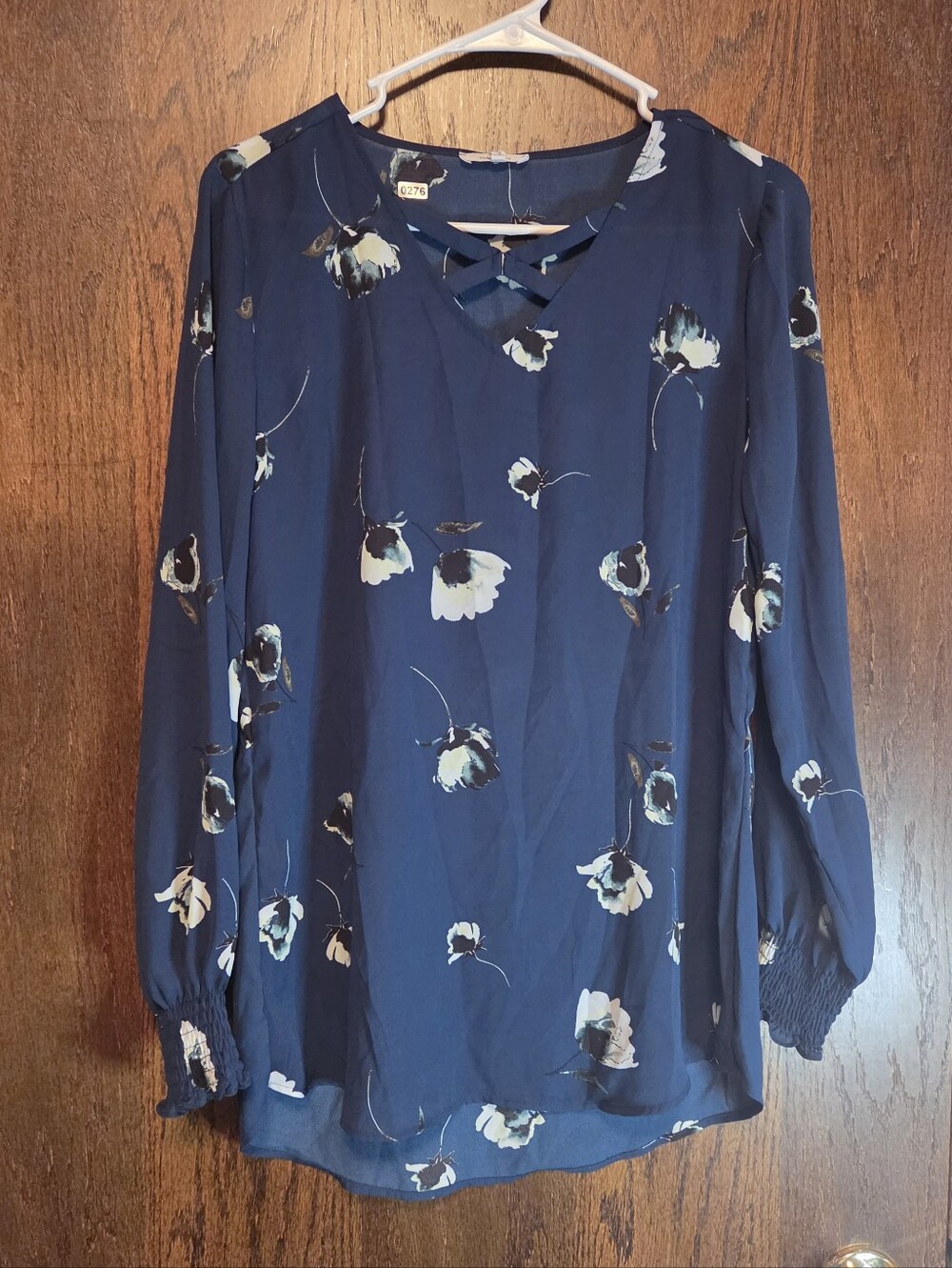 Maurices Women's Navy Floral Long-Sleeve Blouse with Crisscross Neckline